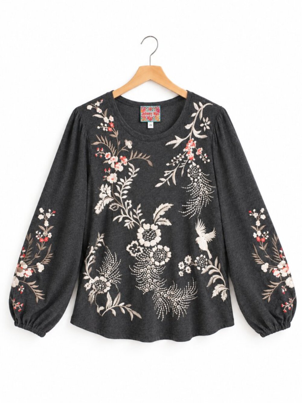 Johnny Was Valentina Bishop Tee Women’s 2X Floral Embroidered Top Gray EUC